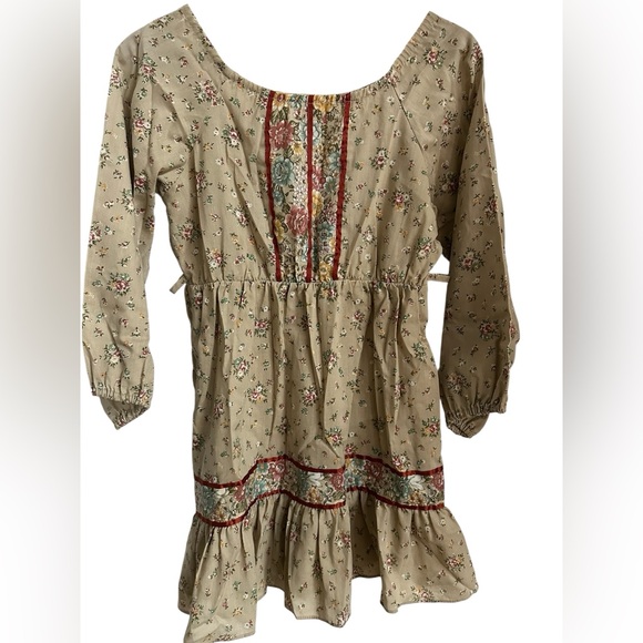 American Vintage Dresses & Skirts - Vintage 1970's Boho Mini Prairie Dress Tunic Top Cream Floral Print Sz xs /child